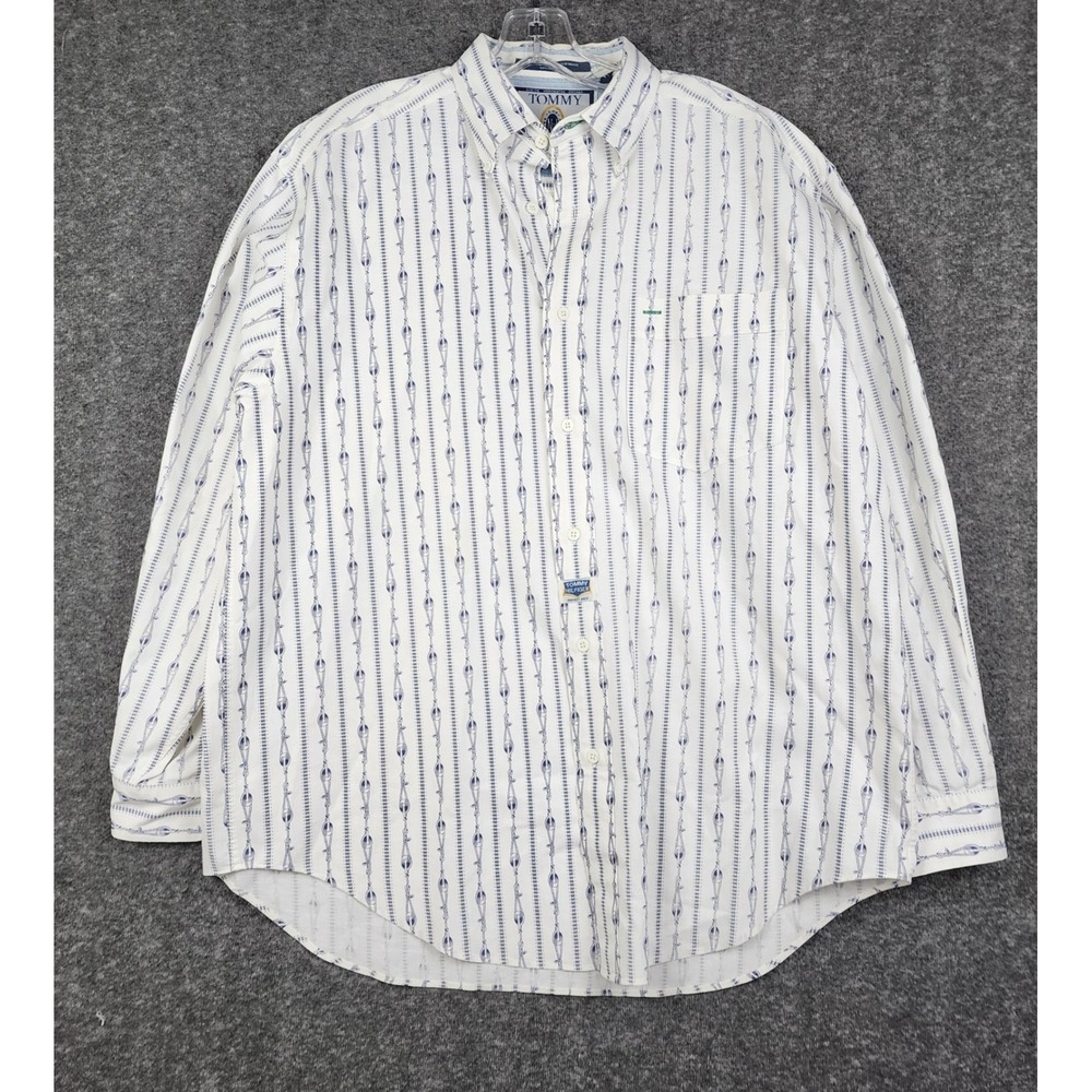 Tommy Hilfiger Button Down Shirt Mens M White Blue Nautical Rope Vintage 90s